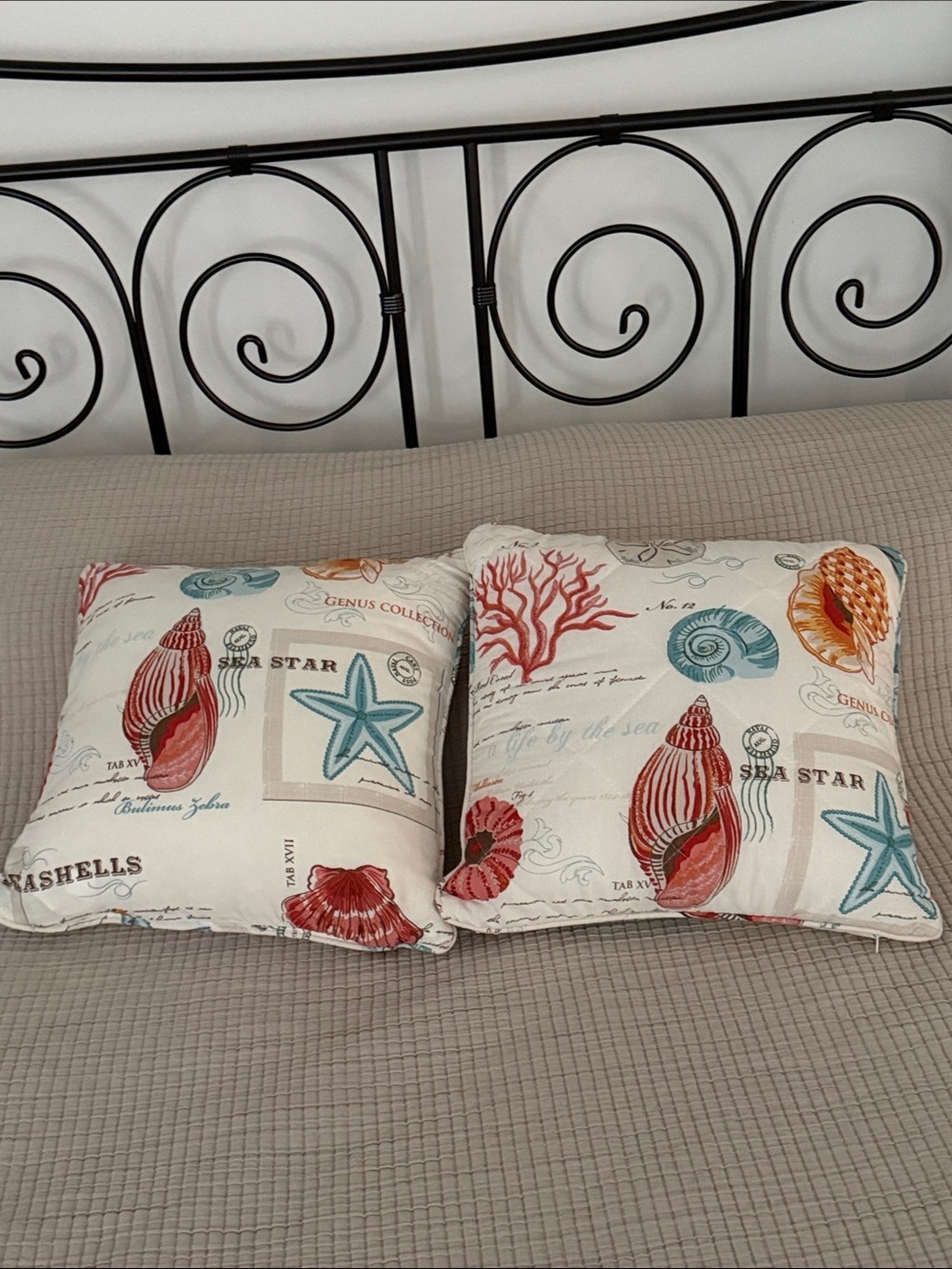 Coastal Shell Print Decorative Throw Pillows (2) Cream with Teal & Coral Accents
